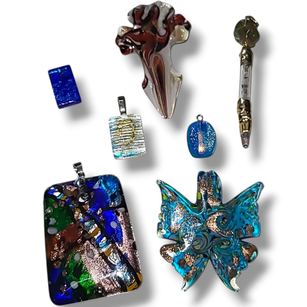 Lot 7 Art Glass Pendants Charms Dichroic Foil Murano Style Fused Glass Jewelry
